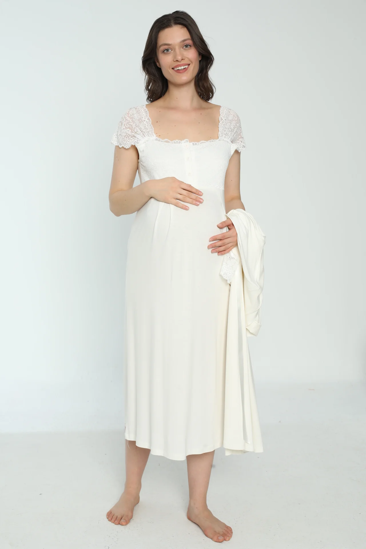 Fustan materniteti me detaj dantelle (fustan + kimono)